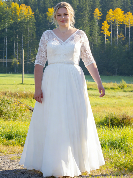 Plus Size V-Neckline Wedding Gown,Plus Size Bridal Gown with Sleeves,WD00702