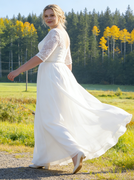 Plus Size V-Neckline Wedding Gown,Plus Size Bridal Gown with Sleeves,WD00702