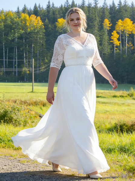Plus Size V-Neckline Wedding Gown,Plus Size Bridal Gown with Sleeves,WD00702