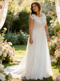 Plus Size Tulle Wedding Dress,Scoop Neckline Wedding Gown,WD00687