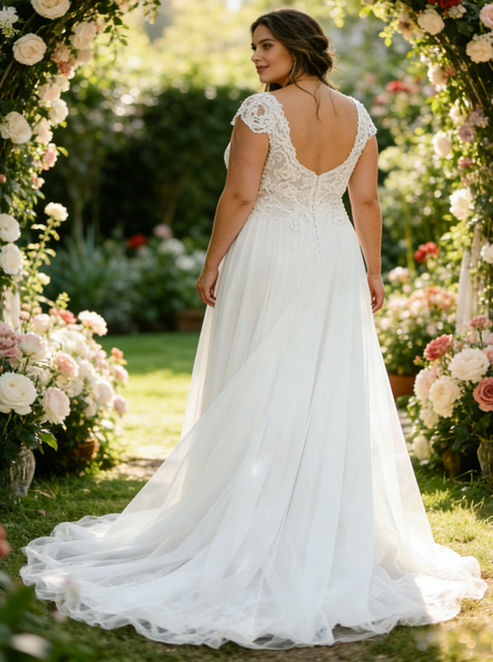 Plus Size Tulle Wedding Dress,Scoop Neckline Wedding Gown,WD00687