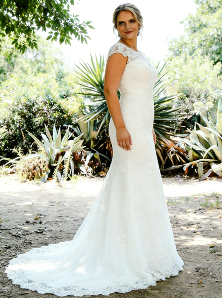 Plus Size Bateau Neck Wedding Dress,Fitted Lace Wedding Gown,WD00688