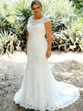 Plus Size Bateau Neck Wedding Dress,Fitted Lace Wedding Gown,WD00688