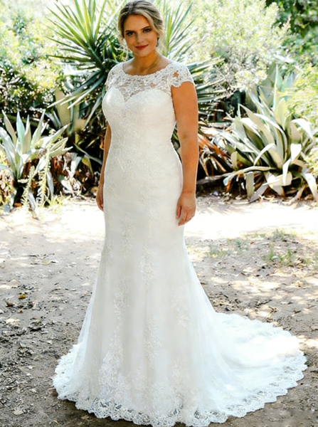 Plus Size Bateau Neck Wedding Dress,Fitted Lace Wedding Gown,WD00688