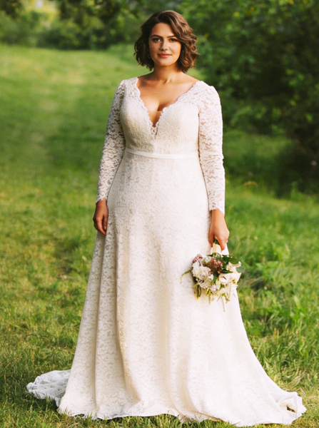 Plus Size Long Sleeve Wedding Dress,Lace Bridal Dress,WD00683