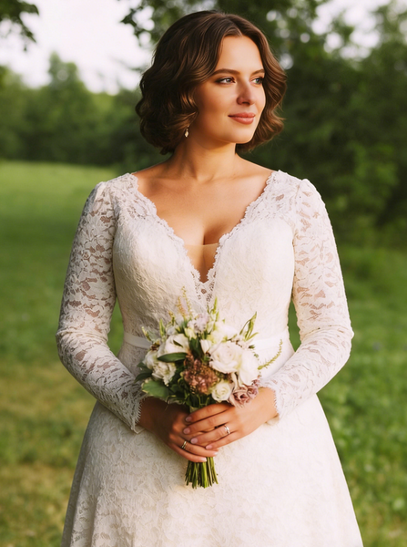 Plus Size Long Sleeve Wedding Dress,Lace Bridal Dress,WD00683
