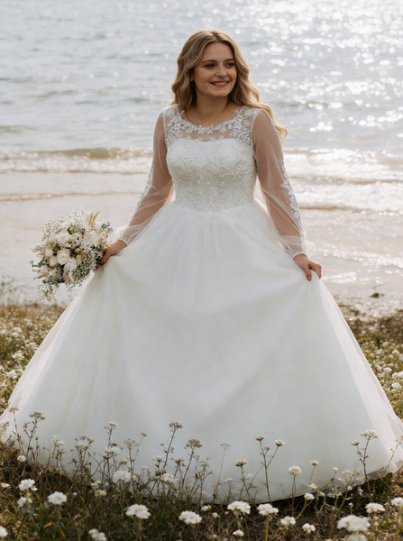 Plus Size Outdoor Wedding Dress,Tulle Long Sleeves Bridal Dress,WD00685