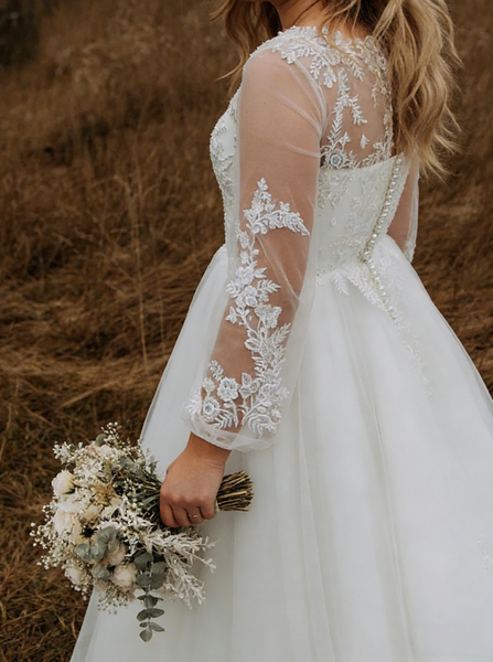Plus Size Outdoor Wedding Dress,Tulle Long Sleeves Bridal Dress,WD00685