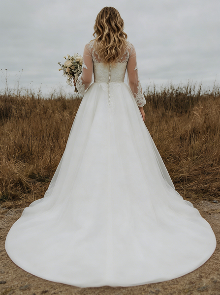 Plus Size Outdoor Wedding Dress,Tulle Long Sleeves Bridal Dress,WD00685