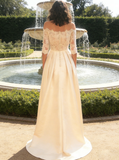 Ivory Wedding Dresses with Sleeves,High Low Satin Bridal Dress,WD00348