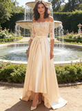 Ivory Wedding Dresses with Sleeves,High Low Satin Bridal Dress,WD00348