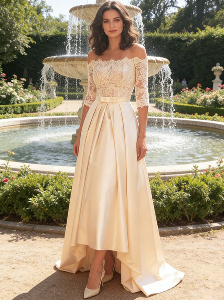 Ivory Wedding Dresses with Sleeves,High Low Satin Bridal Dress,WD00348