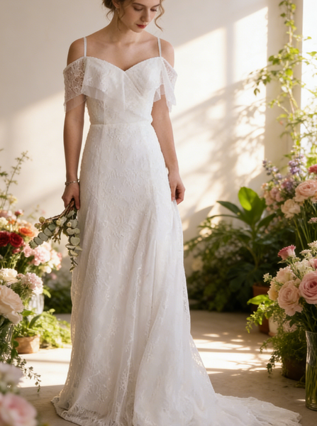 Lace Wedding Dresses with Straps,Romantic Bridal Dress,WD00350