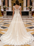 A-line Tulle Wedding Dress,Champagne Lace-appliqued Bridal Gown,WD01001