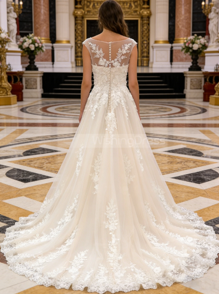A-line Tulle Wedding Dress,Champagne Lace-appliqued Bridal Gown,WD01001