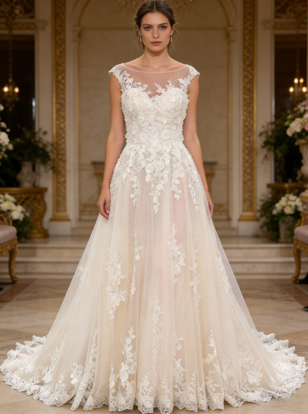 A-line Tulle Wedding Dress,Champagne Lace-appliqued Bridal Gown,WD01001