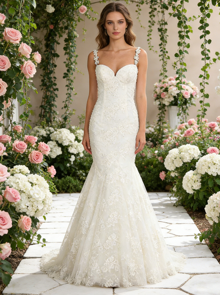 Mermaid Lace Wedding Dress,Elegant Bridal Dress with Straps,WD00603