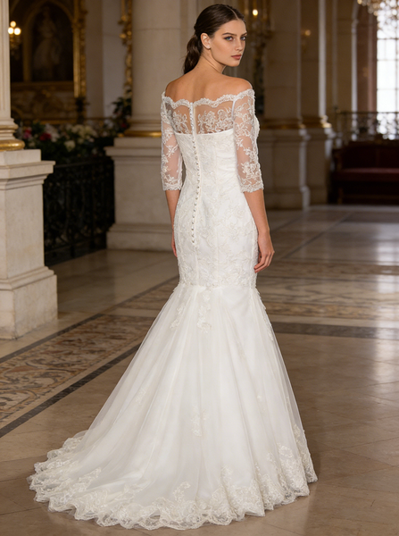 Off the Shoulder Mermaid Dress with Sweep Train,Lace and Tulle Wedding Dress,WD00599