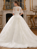 Classic Ball Gown Wedding Dress with Sleeves,Sequined Tulle Bridal Gown,WD00602