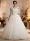 Classic Ball Gown Wedding Dress with Sleeves,Sequined Tulle Bridal Gown,WD00602