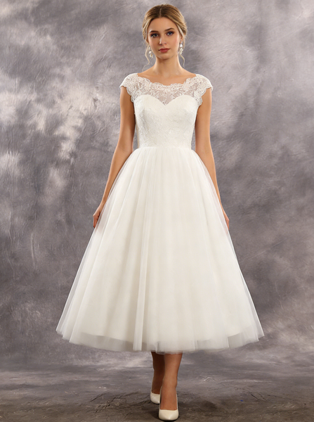 A-line Tea Length Wedding Dresses,Vintage Garden Wedding Gown,WD00518