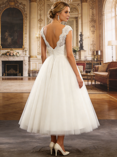 A-line Tea Length Wedding Dresses,Vintage Garden Wedding Gown,WD00518