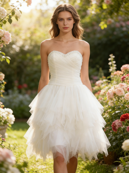 Tulle Knee Length Wedding Dresses with Ruffled Skirt,Strapless Outdoor Wedding Dress,WD00551