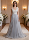 Gray Tulle Wedding Dresses,Aline Wedding Dress,Elegant Wedding Dress,Modest Bridal Gown,WD00062