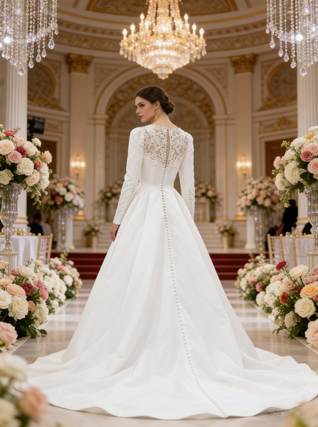 Modest Satin Wedding Gown With Sleeve,Classic Bridal Gown,WD01083