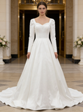 Modest Satin Wedding Gown With Sleeve,Classic Bridal Gown,WD01083