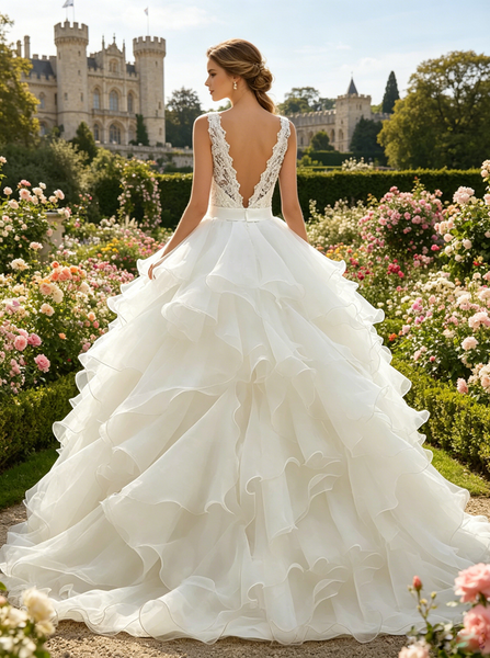 White Ball Gown,Ruffled Organza Wedding Dress,Backless Wedding Gowns,Princess Wedding Dress,WD00006