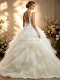 White Ball Gown,Ruffled Organza Wedding Dress,Backless Wedding Gowns,Princess Wedding Dress,WD00006