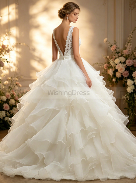 White Ball Gown,Ruffled Organza Wedding Dress,Backless Wedding Gowns,Princess Wedding Dress,WD00006