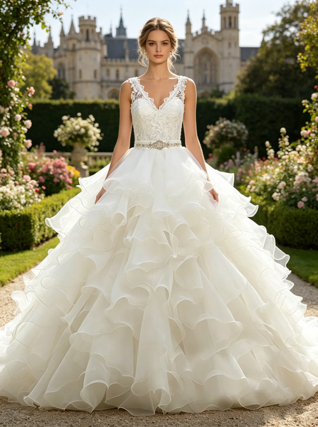 White Ball Gown,Ruffled Organza Wedding Dress,Backless Wedding Gowns,Princess Wedding Dress,WD00006