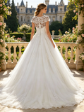 Vintage Wedding Dress,Cap Sleeves Bridal Dress,Tulle Bridal Dress,Appliques Wedding Dress,WD00003