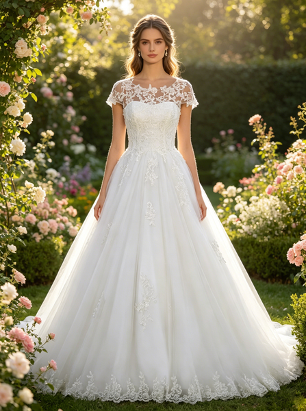 Vintage Wedding Dress,Cap Sleeves Bridal Dress,Tulle Bridal Dress,Appliques Wedding Dress,WD00003