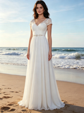 Ivory Wedding Dress with Short Sleeves,Chiffon Elegant Bridal Dress,WD00373