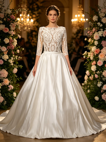 A-line Ivory Wedding Gown,Classic Bridal Dress with Sleeves,WD00376