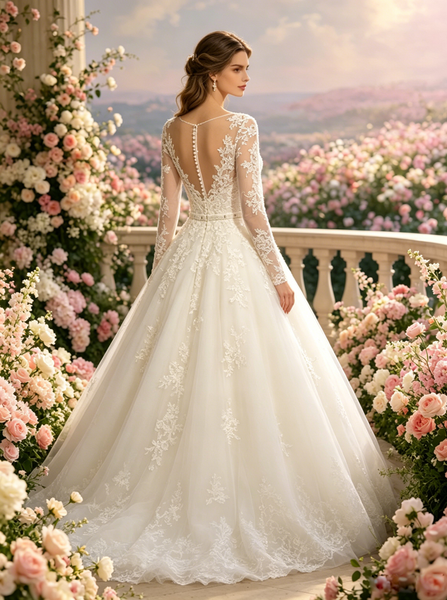 Princess Wedding Dress with Sleeves,Tulle Bridal Gown,WD00375