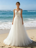 Beaded Tulle Wedding Dresses,Long Destination Wedding Dress,WD00377