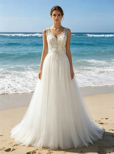 Beaded Tulle Wedding Dresses,Long Destination Wedding Dress,WD00377