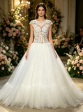 Illusion Ball Gown Dresses,Cap Sleeves Bridal Gown,High Neck Wedding Dress,WD00378