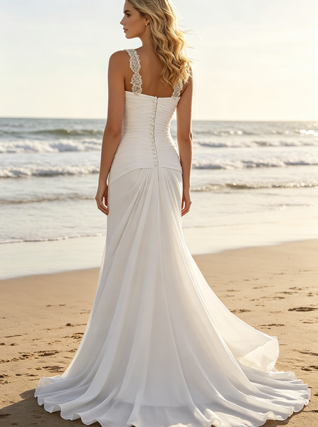 White Sheath Chiffon Destination Wedding Dress,Outdoor Wedding Dress with Straps,WD00550