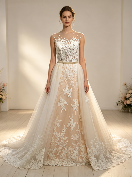 Sheath Wedding Dress with Detachable Skirt,Stunning Wedding Dress Illusion,WD00390