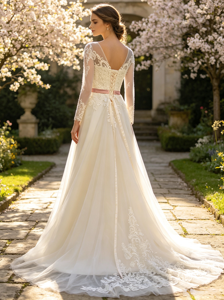 Destination Wedding Dress with Sleeves,Long Fall Wedding Dress with Belt,WD00379