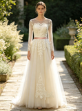 Destination Wedding Dress with Sleeves,Long Fall Wedding Dress with Belt,WD00379