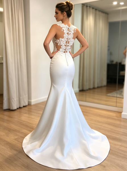 Mermaid Tight Wedding Dresses,Illusion Bridal Gown,Satin Wedding Dress,WD00357