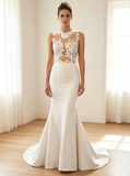 Mermaid Tight Wedding Dresses,Illusion Bridal Gown,Satin Wedding Dress,WD00357