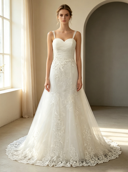 Mermaid Wedding Dress with Straps,Tulle white Bridal Dress,WD00385