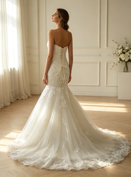 Mermaid Fitted Wedding Dresses,Tulle Strapless Wedding Dress,WD00383